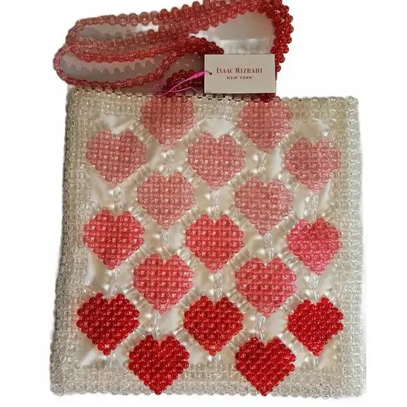 NEW ISAAC MIZRAHI PINK RED HEART GLASS BEAD TOTE PURSE GIRLY COQUETTE PREPPY BAG - Picture 1 of 5
